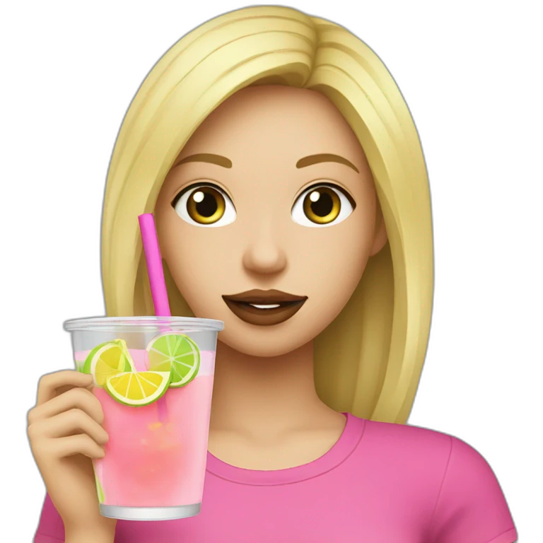 blonde girl straw drinking pink lemonade with one green lemon in the cup, with black watch black t shirt emoji