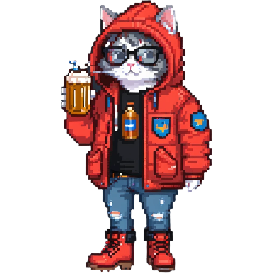 Catfish in red winter jacket with hood, round glasses, blue jeans, red boots, holding a beer can with red label, retro game style emoji