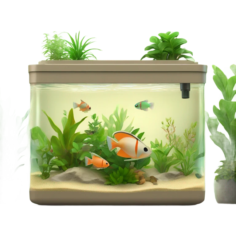 Rectangular fush tank, beige lid and wedges with plants and Tetraglow fish emoji
