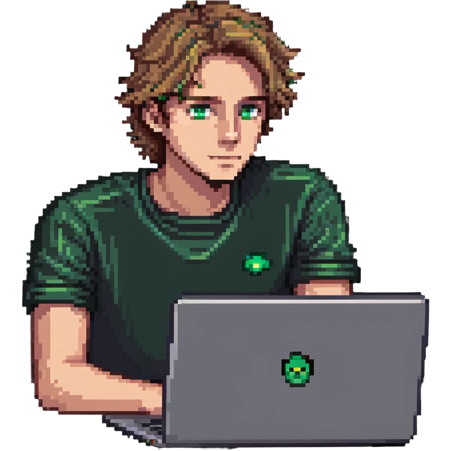 man with light brown hair and green eyes working on a laptop, simple background emoji