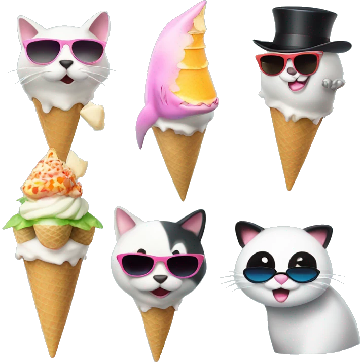 Shark with a top hat, panda eating ice cream, cat with sunglasses emoji