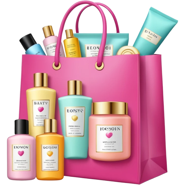 Gift bag with beauty products (shampoo, creams, styling products), a gift bag is beautyful open box full of luxury brand-labeled beauty products emoji