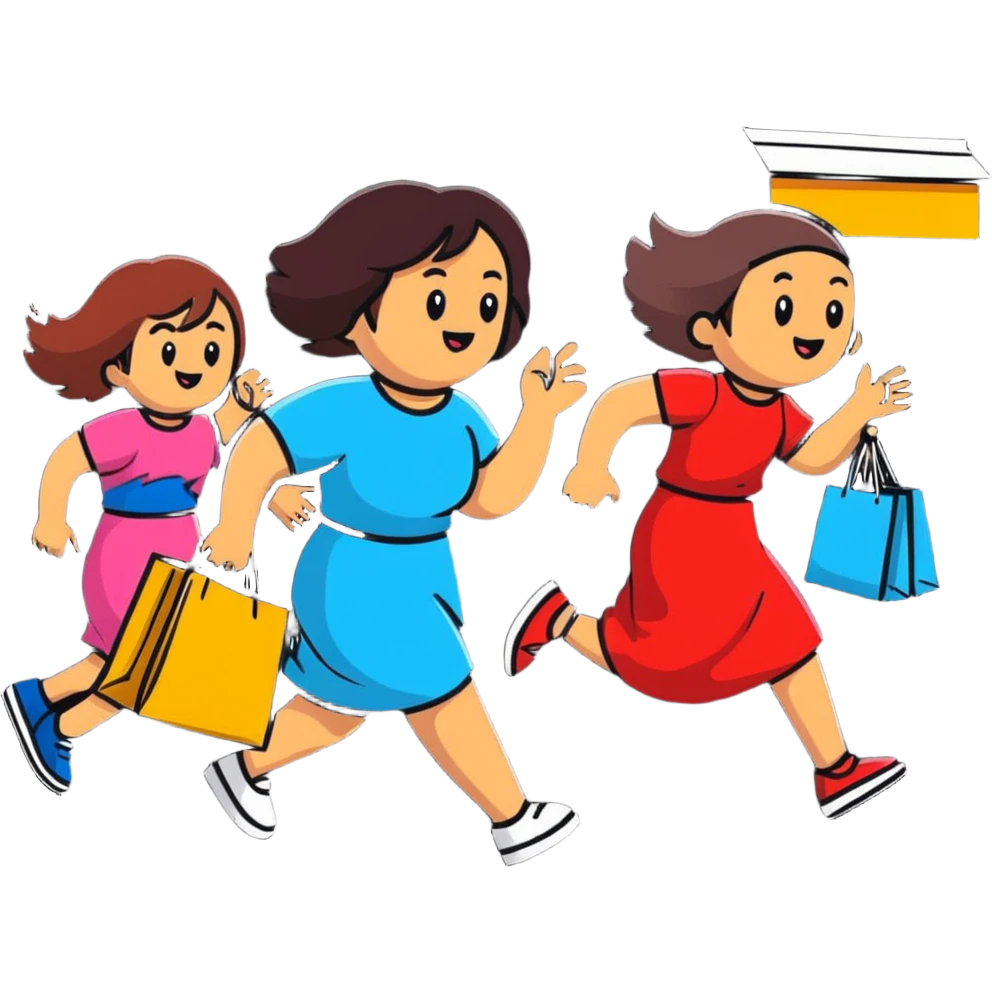 shoppers running with the salesgirl, bright colors and playful expressions emoji