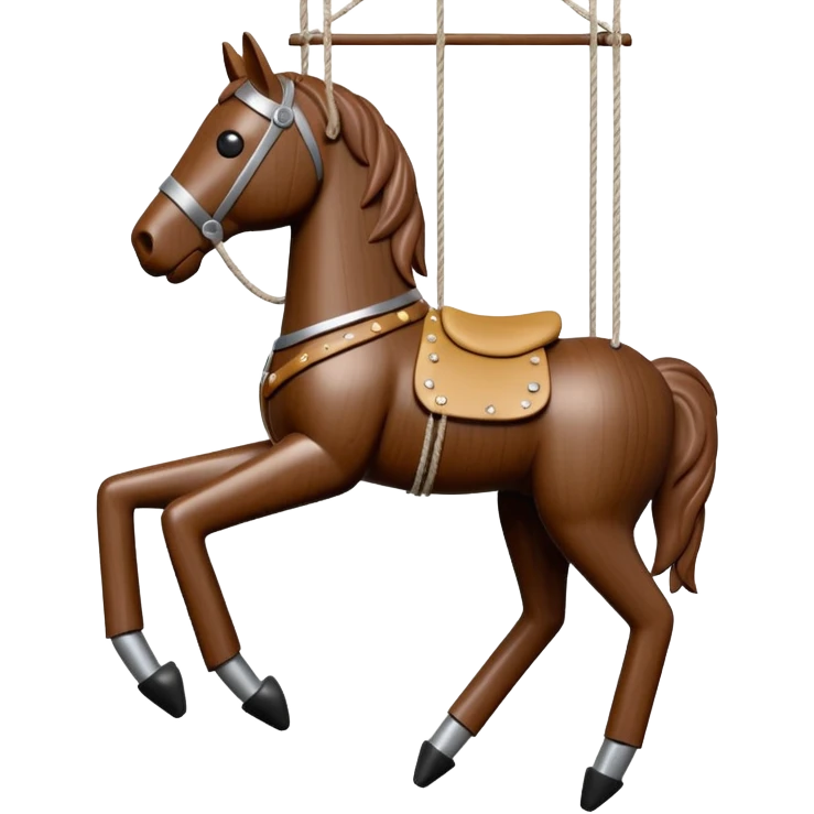 3D render of Horse Puppet as a wooden marionette puppet, Wooden toy horse on strings, silver metal screw joints at elbows and knees, polished brown wood texture, rigid toy pose, emoji style, isolated on white background --v 6.0. emoji