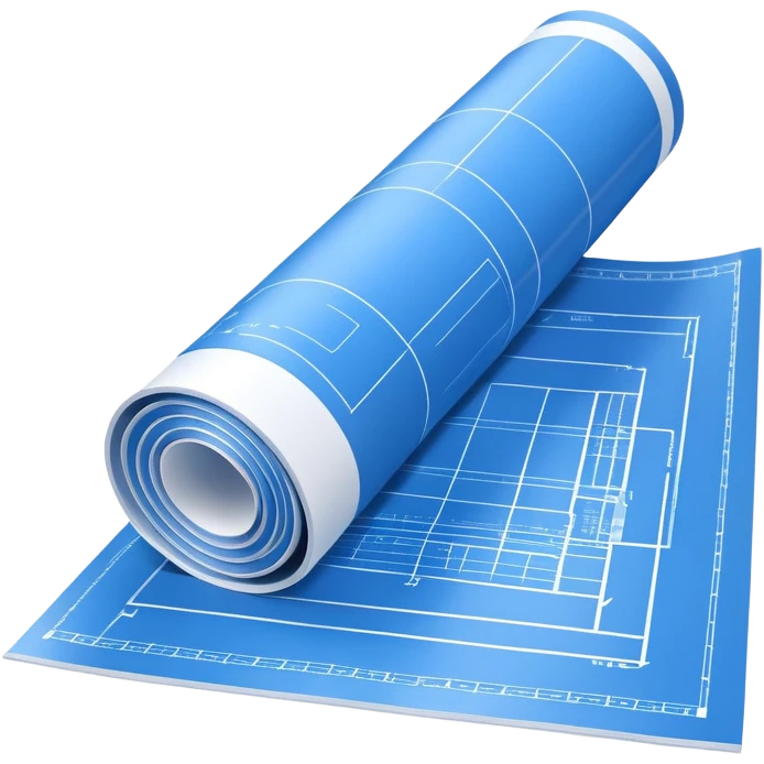 blue rolled-up blueprint plan with visible white lines, side perspective emoji