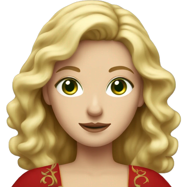 woman with wavy blonde hair, green eyes and red medieval dress  emoji
