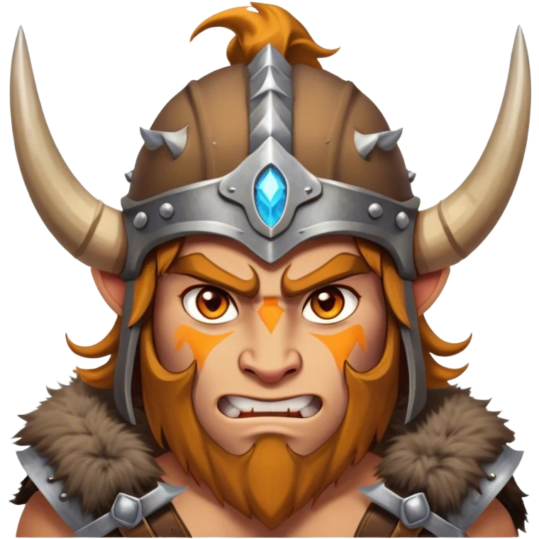 Clash of Clans aesthetic: Cinematic Fierce Barbarian Portrait Emoji, Poised and bold with a rugged yet cartoonish build in tattered furs and a horned helmet, his exposed skin a rich tan, expressive bright eyes and a confident smirk, Simplified yet dynamic features, highly detailed, glowing with a vivid, adventurous aura, high shine, heroic and spirited, stylized with an air of medieval warrior charm, focused and energetic, soft glowing outline, capturing the essence of a fearless barbarian adventurer ready to lead his clan with spirited valor! emoji