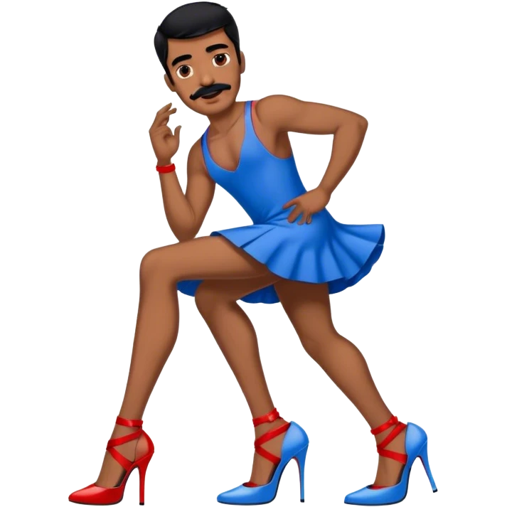 Man in a blue dress and blue and red strappy high heels with black hair and black mustache and brown skin emoji