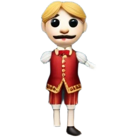 Icon for Puppet Theater: a puppet on strings with theatrical curtains in the background, along with a small stage and dramatic lighting. The icon should represent the whimsical and artistic nature of puppet performance. Transparent background. emoji