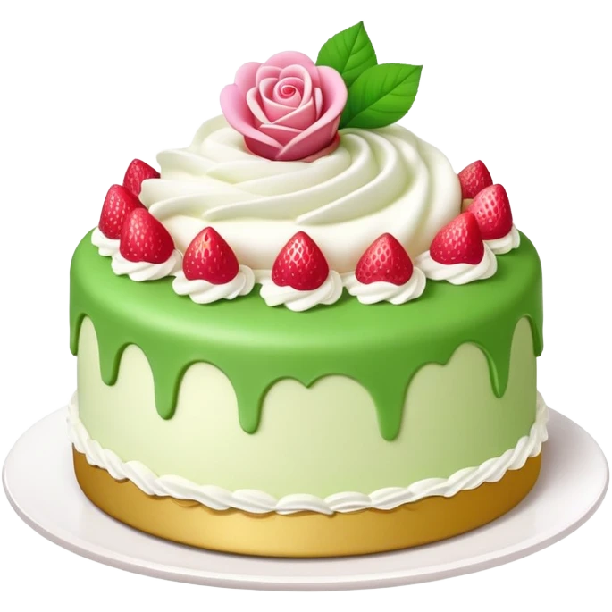 prinsesstårta round cake with green marzipan on top, with a pink marzipan rose on top. Whipped cream, vanilla cream and strawberry jam inside emoji