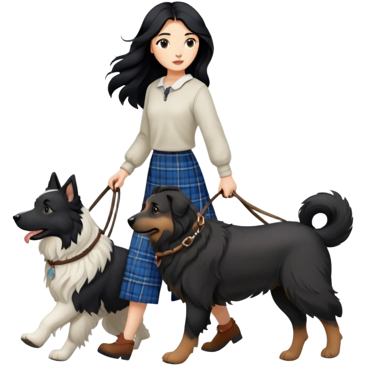 A girl with long black hair walking a Scottish shepherd dog emoji
