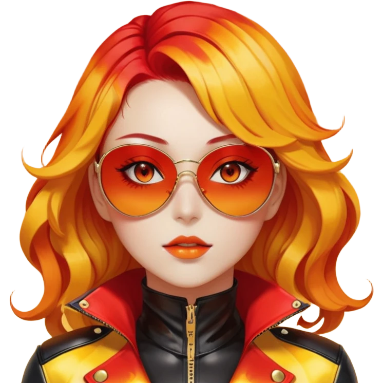 Beautiful gorgeous anime lady with beautiful fiery long warm-red-orange-yellow-gradient-wavy-special-hair, fashion aesthetic, black sunglasses, accessories, gold jewelries, red-and-yellow sunny-pattern-eyes, black latex-suit, biker-woman, cool, badass emoji