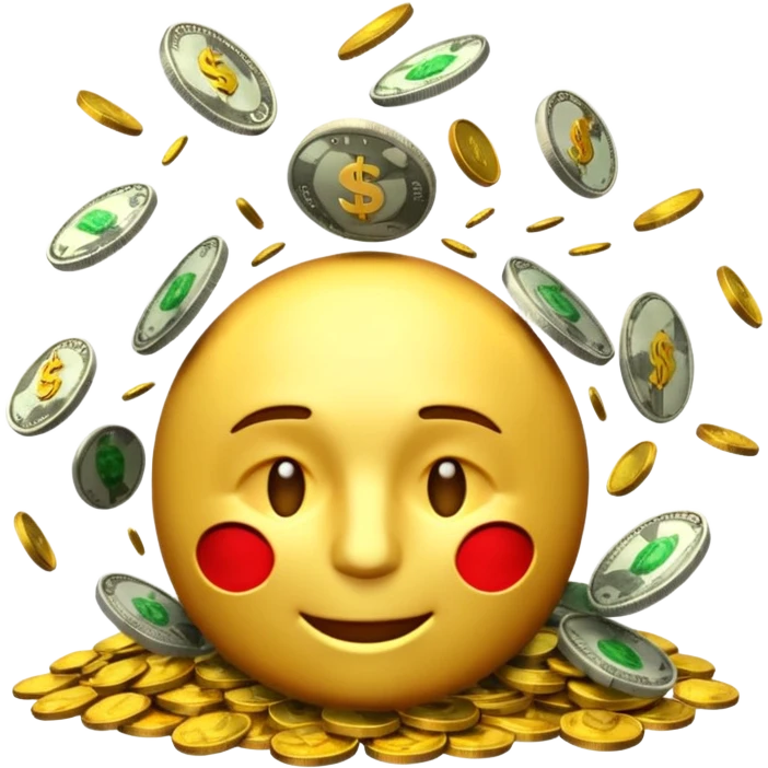 3D glossy money emoji, cracked head, coins and bills burst upward, perfect loop, centered, chroma green background emoji