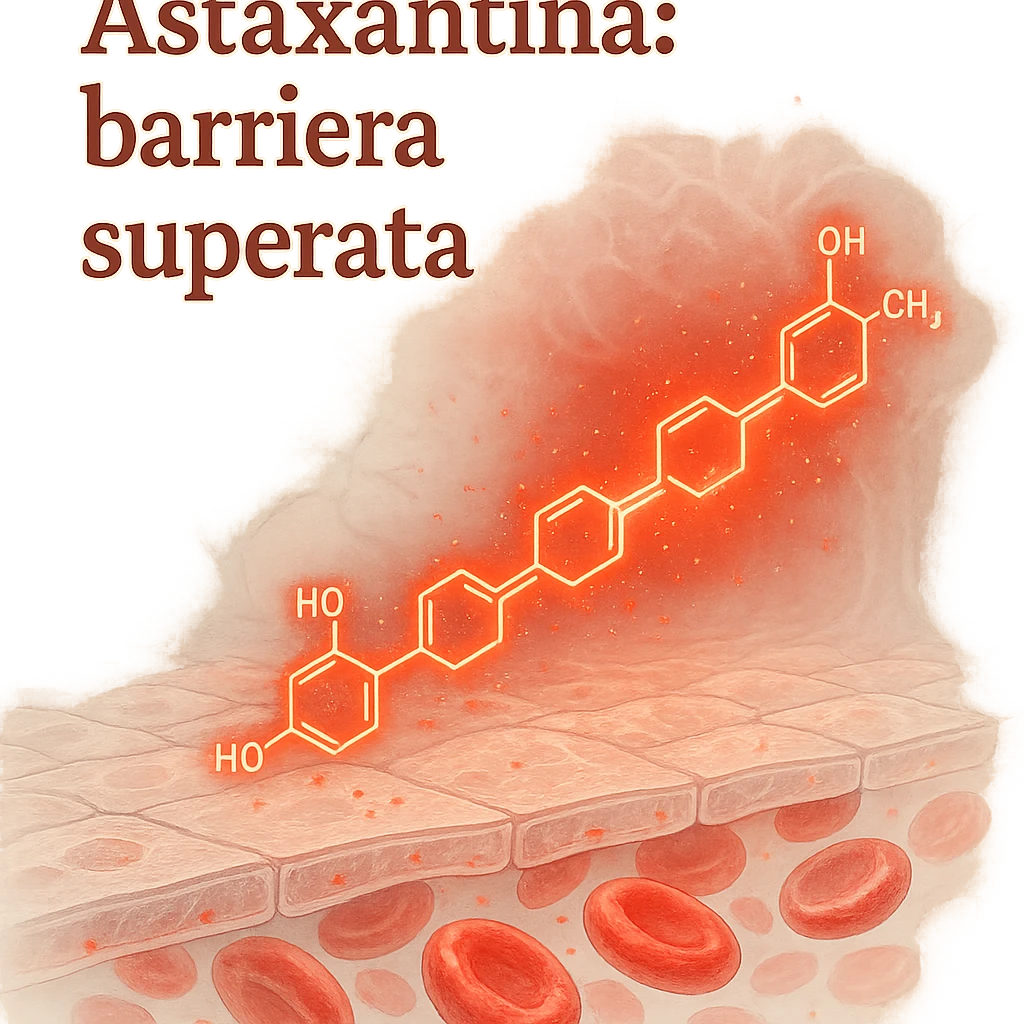 hyper realistic glowing red astaxanthin molecule crossing a transparent blood-brain barrier, positive atmosphere, light background, with text 'Astaxantina: barriera superata' emoji