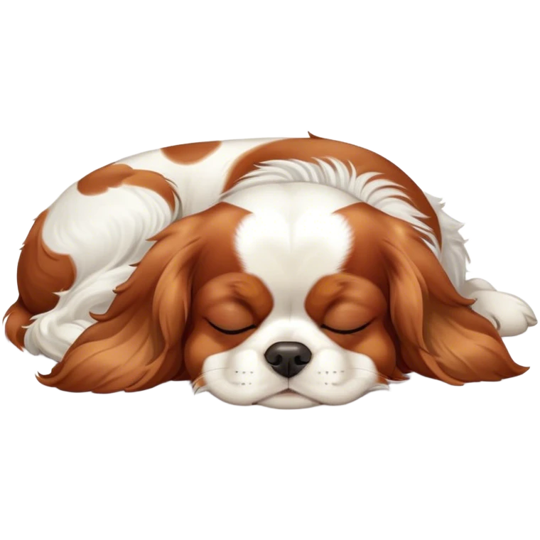 Cinematic cute Sleeping Cavalier King Charles Spaniel Portrait Emoji, cute and serene, with a round, endearing build and a plush, silky coat of rich chestnut and white, eyes gently closed in peaceful slumber, Simplified yet irresistibly endearing features, highly detailed, glowing with a gentle, dreamy glow, high shine, relaxed and content, stylized with a touch of whimsy, bright and heartwarming, soft glowing outline, capturing the essence of a blissfully sleepy companion, so comically serene it feels like it could roll out of the screen and snore with adorable charm! emoji