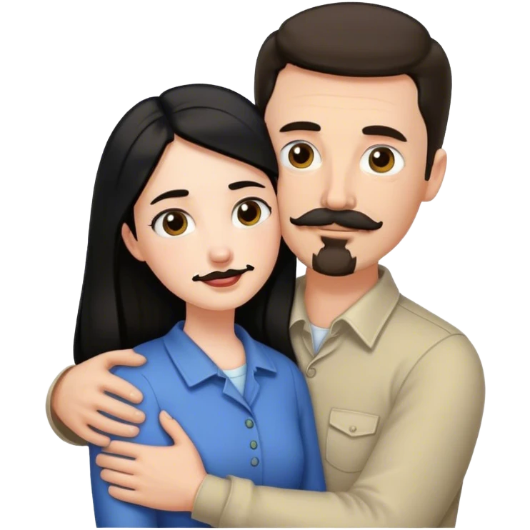 Tall white man with thin dark brown hair mustache and goatee, hugging a short pale woman with long black hair emoji