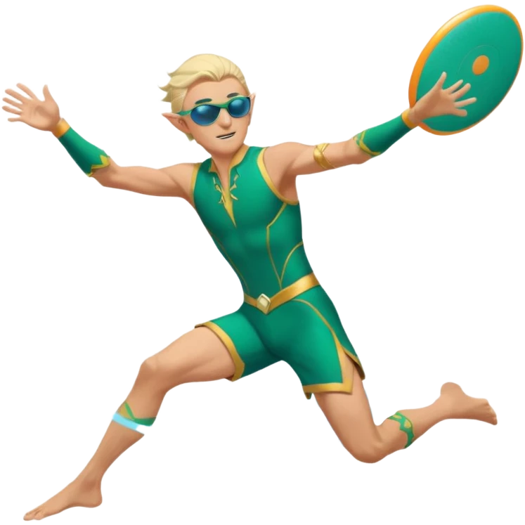 elf male legolas mid-action throw, launching a frisbee woven from pure sunlight, wearing sporty teal swim shorts and performance sunglasses, athletic pose, pointy ears, dynamic motion lines, beach sky backdrop, centered emoji emoji