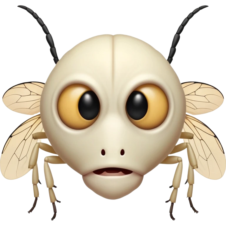 Front-facing albino insect alien face. Only the head — no body, no wings, no legs. Black fly eyes, antennae, and mandibles. Not human. emoji