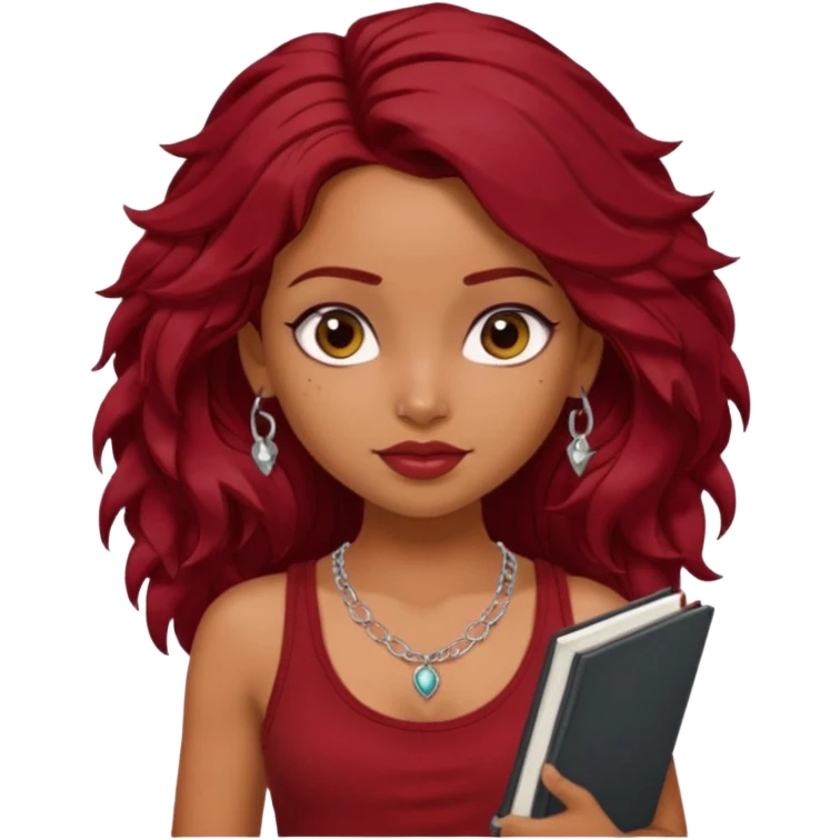 a pretty tan indian bratz girl with messy dark wavyred hair, wearing a dark red tank top, layered silver necklaces. Carrying multiple sketchbooks emoji