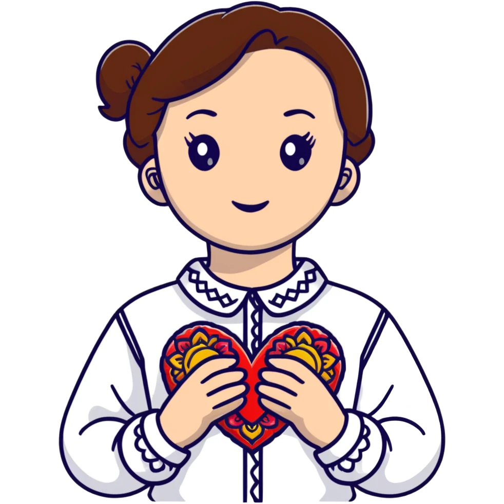 Beautiful young girl with brown hair in a white Ukrainian embroidered shirt holding a large embroidered heart emoji