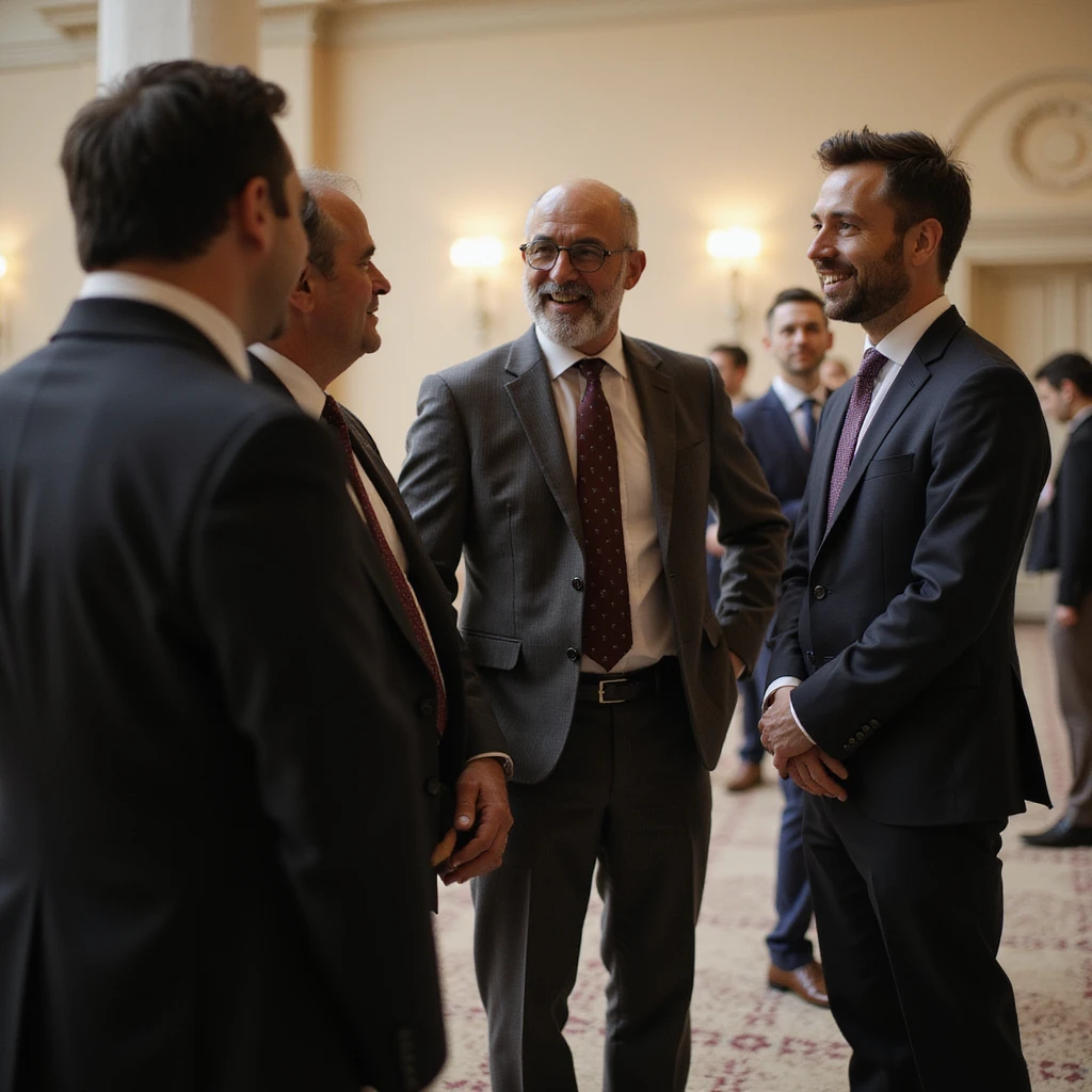 an indian in formal attire standing talking to a group with casual attire emoji