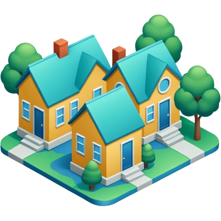 group of 3 houses representing neighborhood isometric houses on transparent background similar in style to the iphone icons houses should be colored in blue and green details emoji