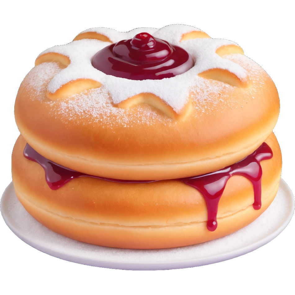 a single Berliner Krapfen, round, golden-brown, no hole, heavily covered with powdered sugar, with visible jam filling emoji