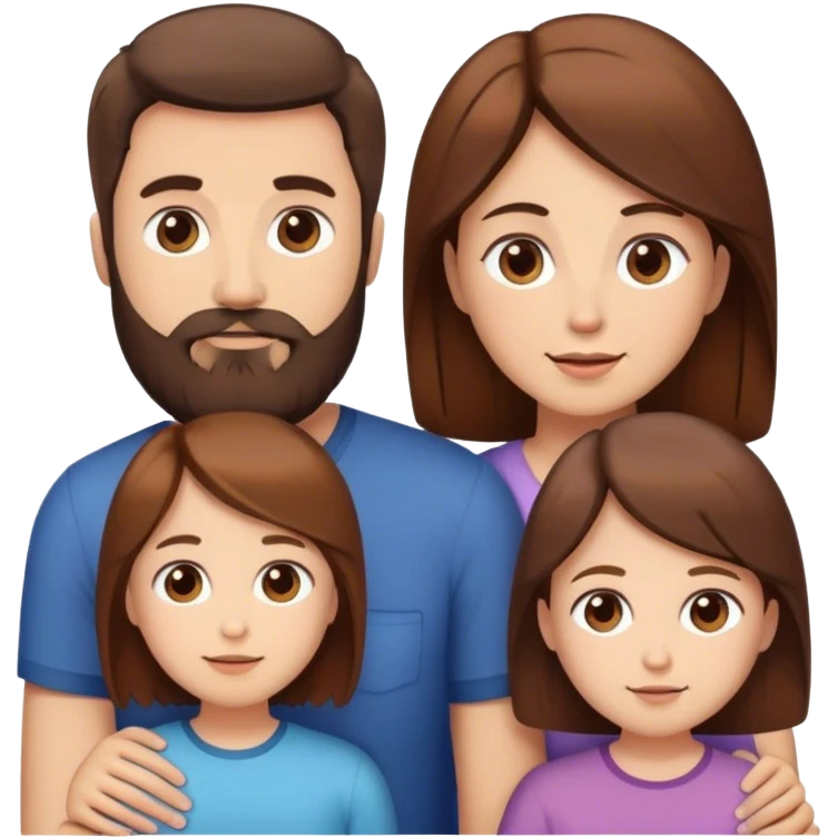 Famille 4 personne 1 fils aîné cheveux châtain 1 fille châtain  cadette 1 père brun barbu  1 mère brune  emoji