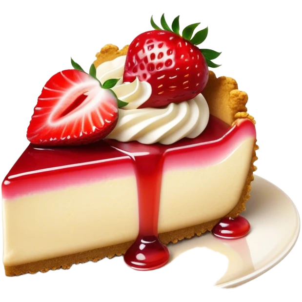Cinematic creamy cheesecake, smooth and velvety, topped with fresh strawberries and a glossy fruit glaze, golden crumbly crust, beautifully plated, soft glowing background, indulgent and elegant. emoji