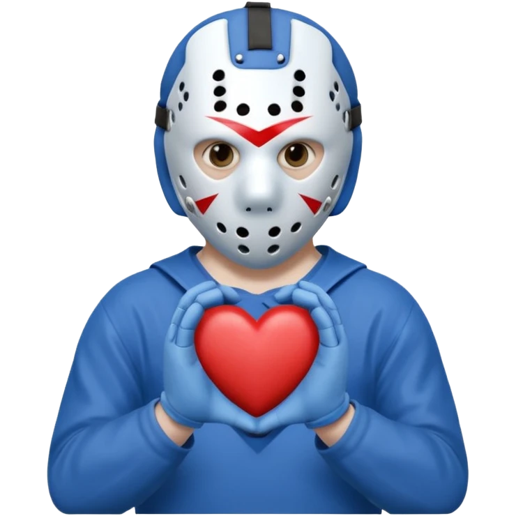 Jason Voorhees, looking cute, making a heart with his hands emoji