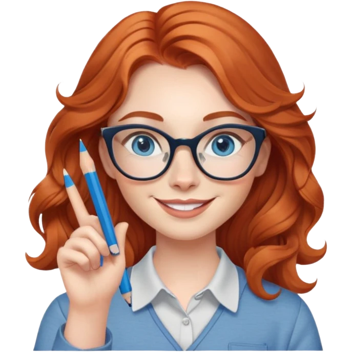 redheaded woman with long wavy hair, blue eyes, cat-eye glasses, casual outfit, holding a pencil, smiling, waving emoji
