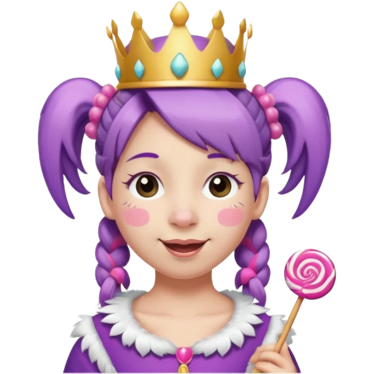 smiling face with pink pigtails, eyes closed, wearing a crown with white and purple feathers on top, and a lollipop in its mouth emoji