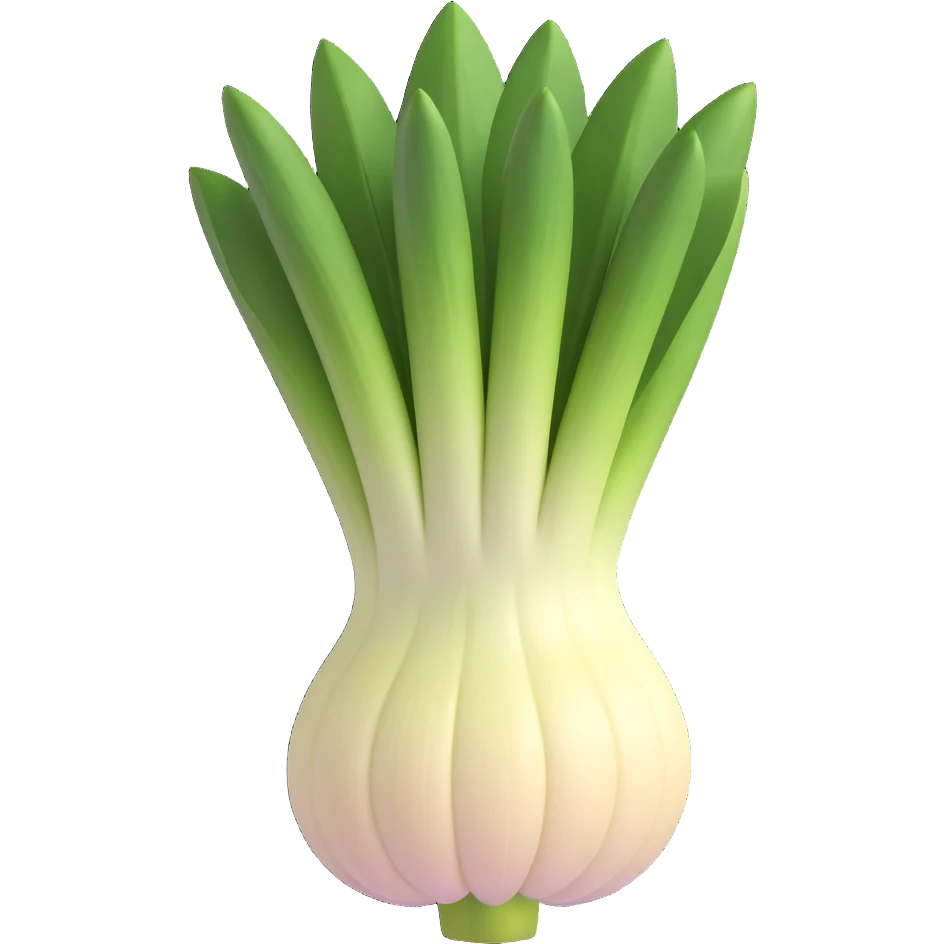 whole leek with thick white base, pale to dark green leaves, leaves open and layered, root end with hair-like roots, moist and clean, 3D-rendered, minimal, soft shadows, no face, transparent background, emoji scale emoji