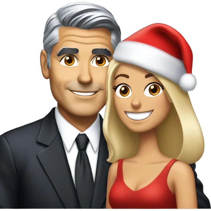 George Clooney & blonde woman holding Yorkshire terrier wearing red santa hat emoji