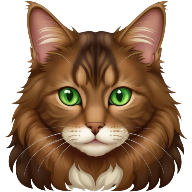 A brown and black long haired Maine coon cat with green eyes emoji