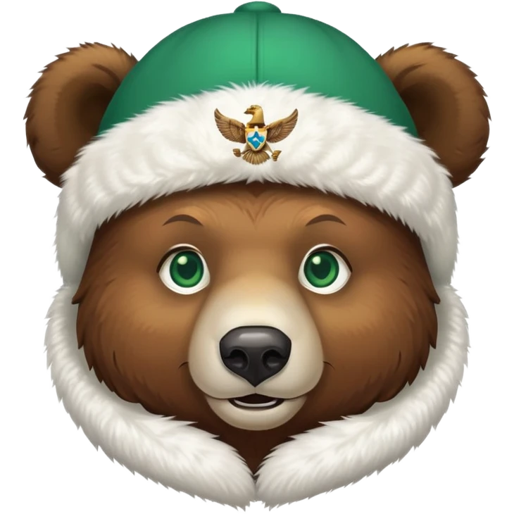 Cheerful brown bear head with emerald green eyes wearing white winter ushanka hat with double-headed eagle symbol centered, Russian themed emoji