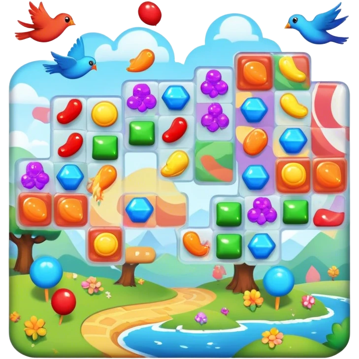 An icon representing a casual game, inspired by titles like Candy Crush. The design features colorful puzzle pieces, bouncing birds, and characters running through dynamic landscapes. Vibrant HUD elements like scores and power-ups highlight the playful. Transparent background emoji