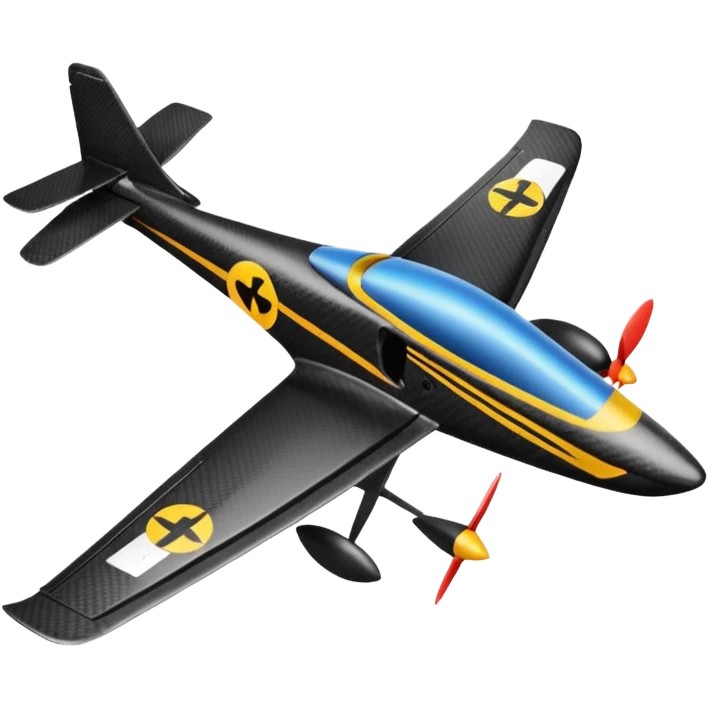 Emoji of a black rc plane. The design is a long thin carbon fiber spar in the longitudinal axe. At the head of the plane, a black carbon fiber long prism where the wings start from. The wings are completely rectangular. The tail is V-shaped emoji