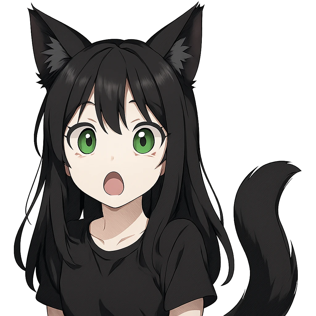 a surprised girl with huge green eyes, black fox ears, and a tail, dark hair emoji