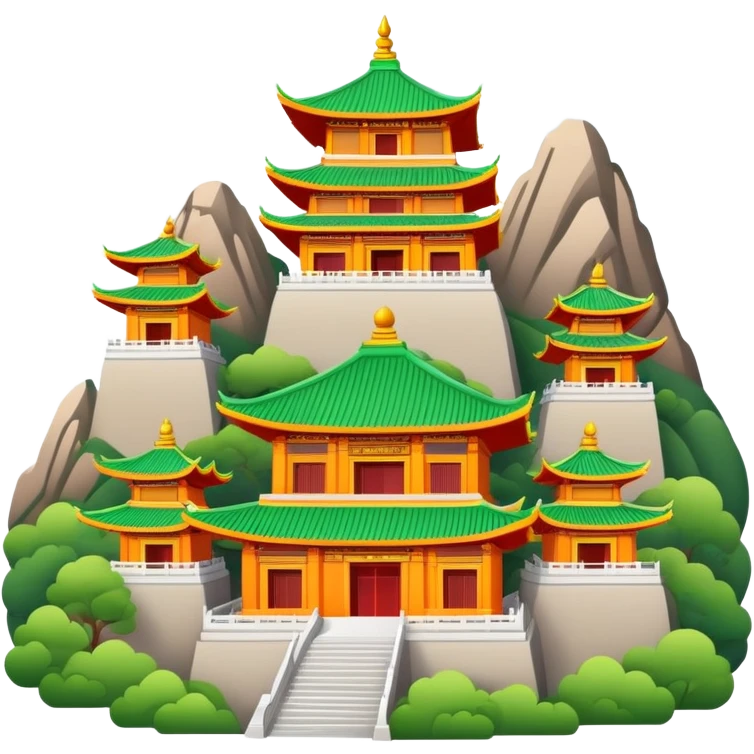 Wutai Mountain Buddhist temples, simplified emoji style with bold outlines and bright colors, cartoon style traditional Chinese temple with mountains emoji