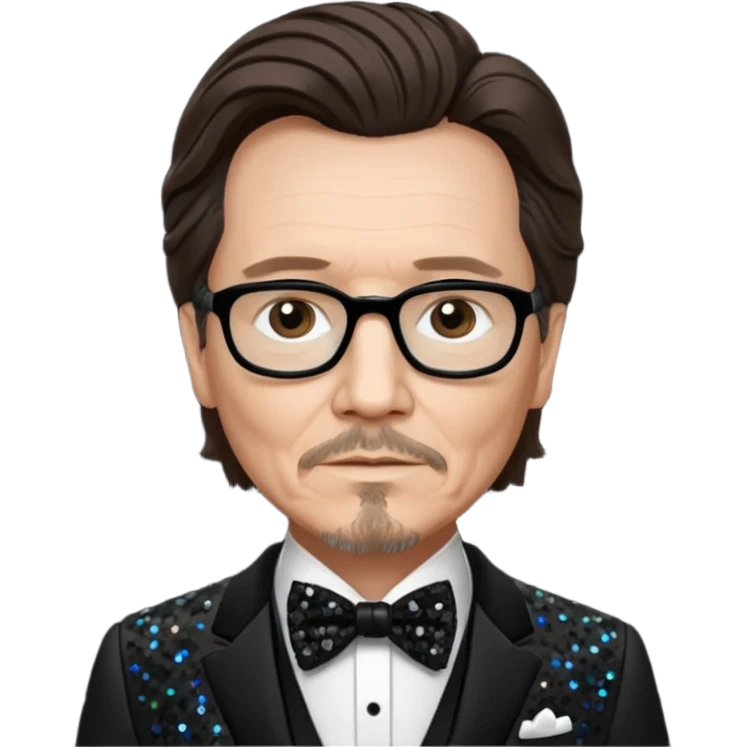 Gary Oldman with dark brown hair hair, black sequin suit with bow tie emoji