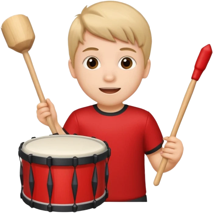 A young boy wearing team colors, banging a small drum excitedly. emoji
