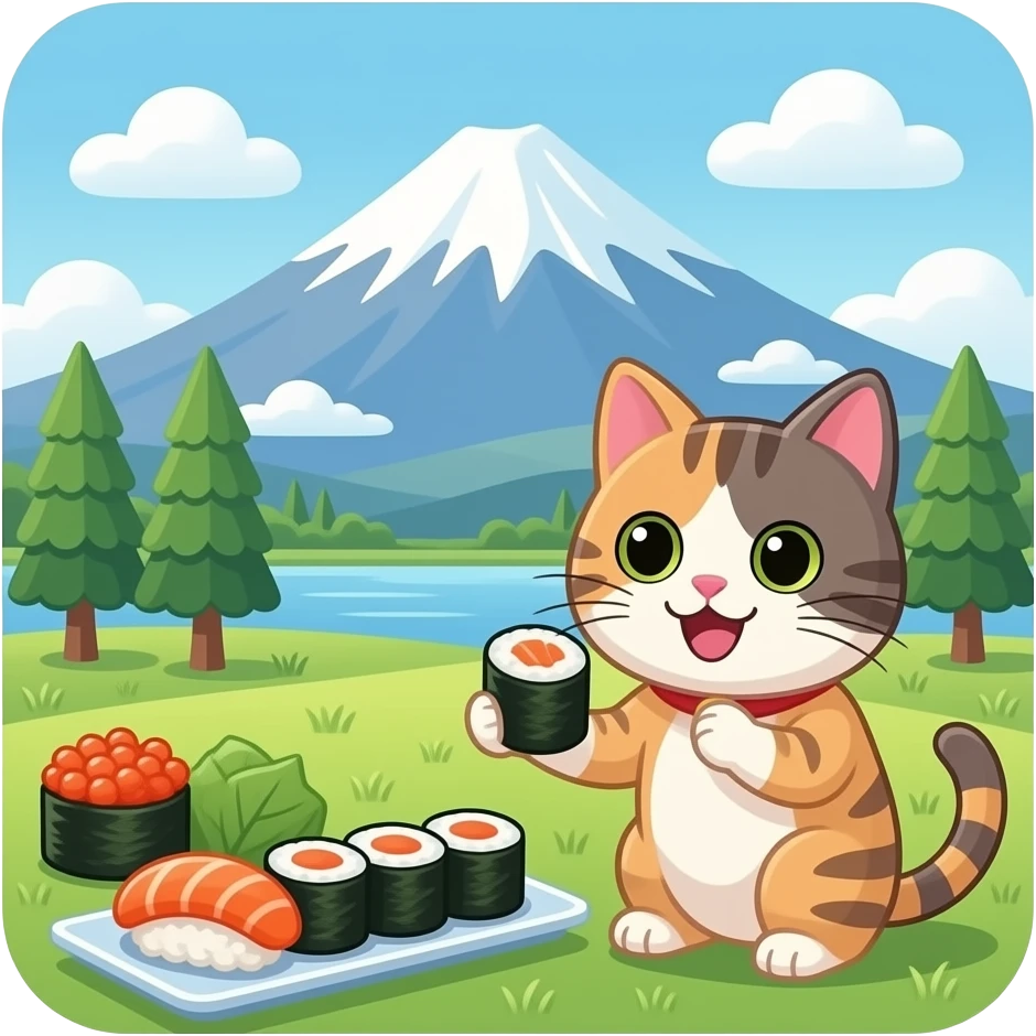 a happy cat in front of mt fuji enjoying sushi emoji