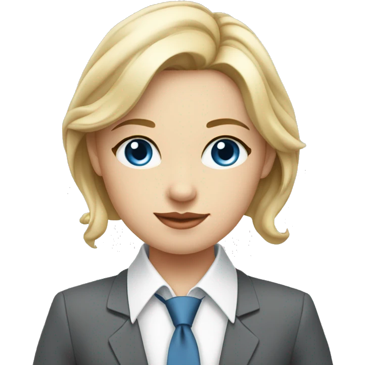 young blonde girl dressed in suit and tie with gray dress blue eyes and white shirt with hands behind her back feeling elegance emoji
