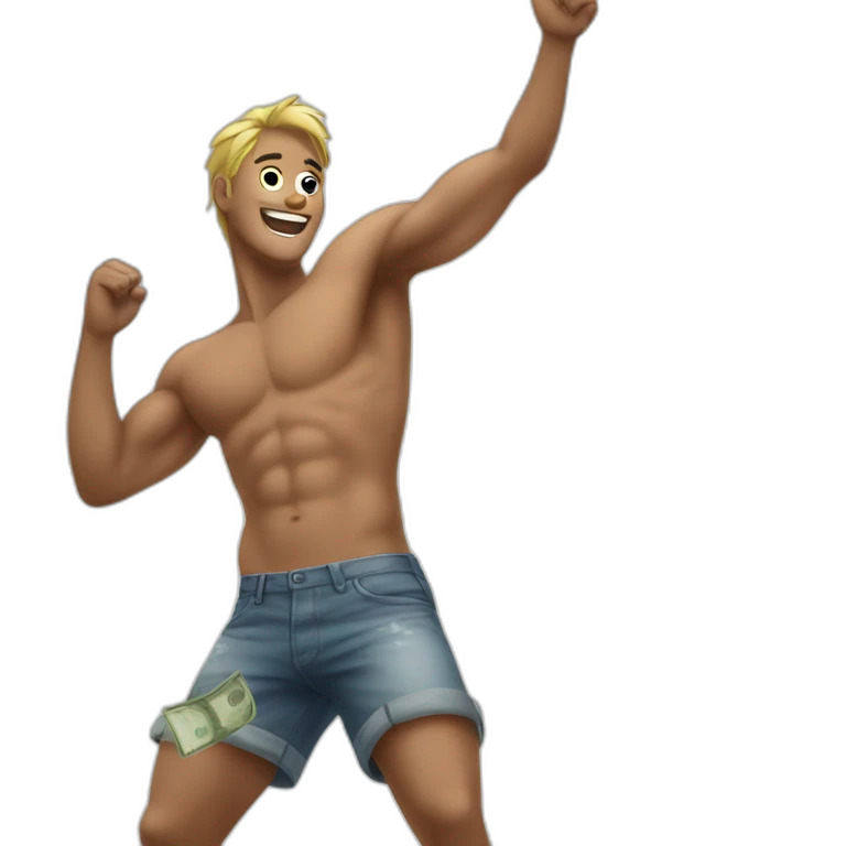 Shirtless guy dancing under raining money  emoji