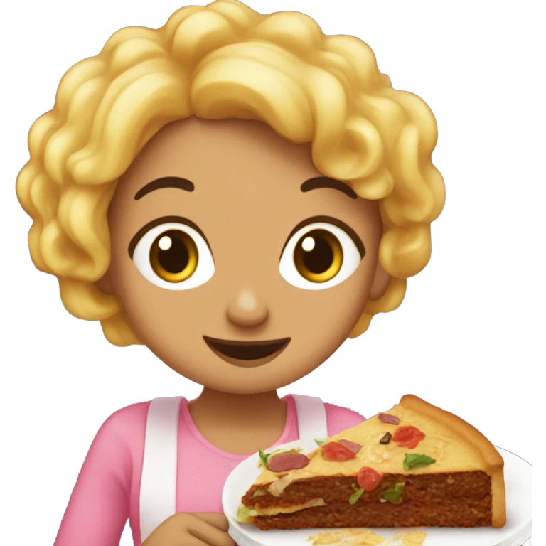 una chica de cabello negro, comiendo una torta de salchicha  emoji
