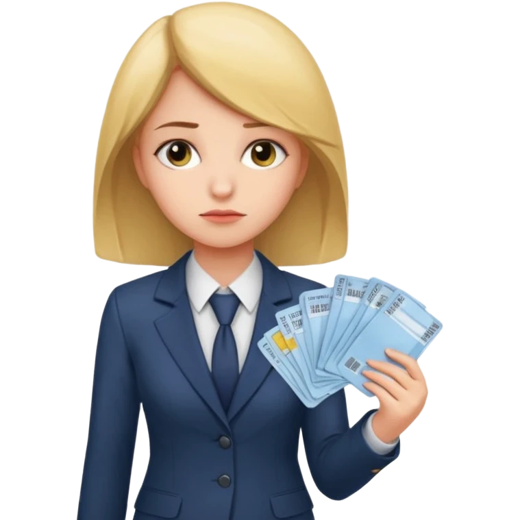 Девушка в офисном костюме, грустная, с билетами на самолет в руках  emoji