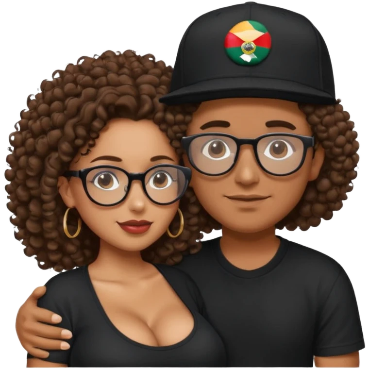 A picture of a tanned couple embracing. the guy is Mexican, with a bald hair cut and he has a SnapBack hat on. The girl is mixed, the girl is wearing a black shirt, the girl has brown curly big hair and the girl has big boobs and the girl wears glasses but the man doesn't  emoji