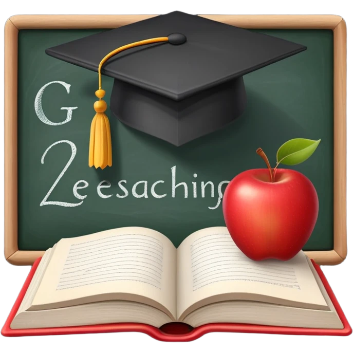 An icon featuring an open book, a chalkboard with lesson plans, and a pencil, symbolizing education and pedagogy. The design includes an apple and a graduation cap, representing teaching and learning. Transparent background highlights the growth and development in education. emoji