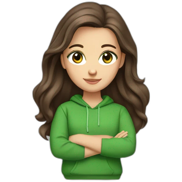 white girl with long dark brown layered hair, green/brown eyes and red sweatshirt emoji